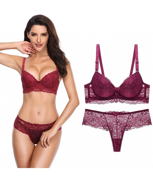 Bras Women's Lace Bra Set Sexy Lingerie and Thongs Bra and Panty Set Push Up Bra Underwire Bra - Red+1 - CC18K4E8QMH