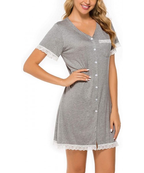 Nightgowns & Sleepshirts Women's Short Sleeve Nightgown Button Down Sleepwear Pajamas Nightshirt - Gray - CI18WEMSR9T