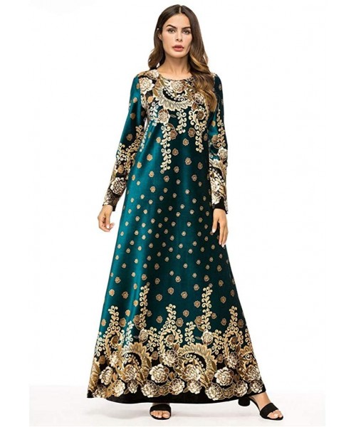 Robes Muslim Dress Dubai Kaftan for Women- Arab Islamic Middle East Ethnic Print Long Sleeve Abaya- MITIY - Green - C718OODIAIA