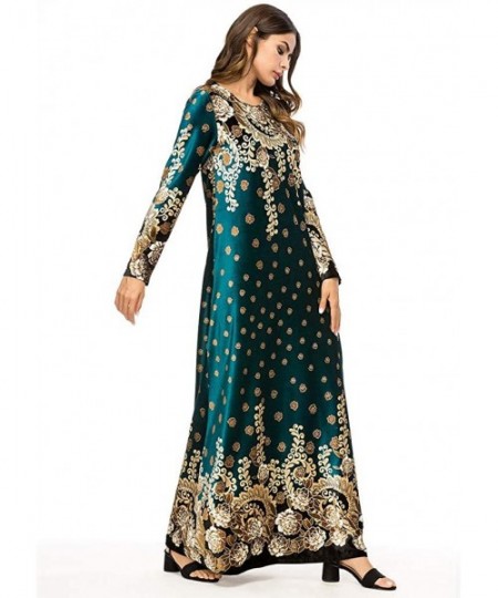 Robes Muslim Dress Dubai Kaftan for Women- Arab Islamic Middle East Ethnic Print Long Sleeve Abaya- MITIY - Green - C718OODIAIA