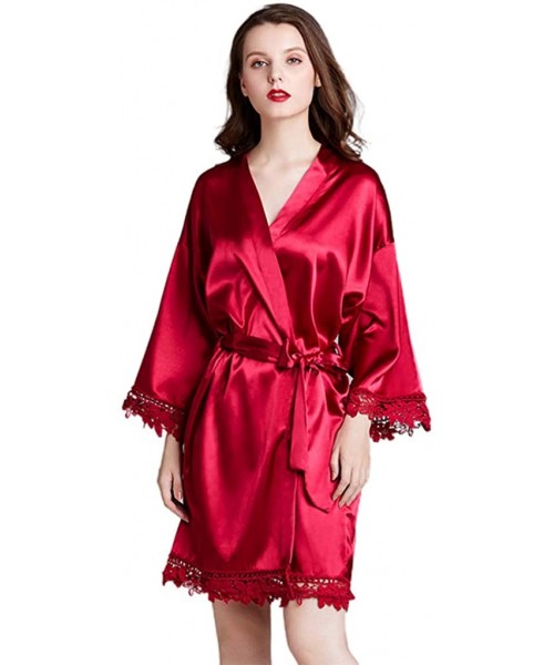 Robes Womens Satin Kimono Robe Embroidery Floral Lace Trim Nightgown V-Neck Bathrobe - Burgundy - CT1985HRKRM