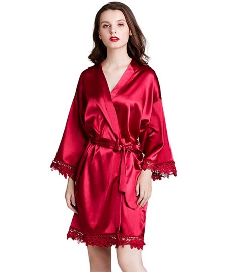 Robes Womens Satin Kimono Robe Embroidery Floral Lace Trim Nightgown V-Neck Bathrobe - Burgundy - CT1985HRKRM