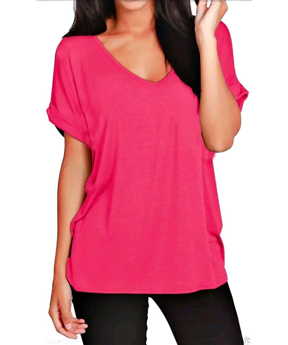 Tops Womens Turn Up Sleeves Loose Baggy T Shirt Ladies V Neck Oversized Tunic Top S/3XL - Coral - CW18997XK54
