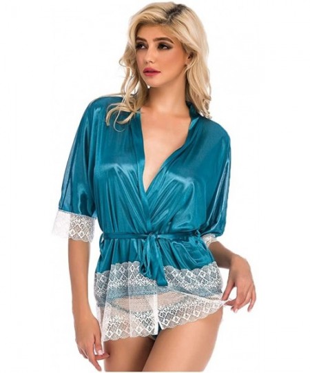 Robes Sexy Pajamas for Women Fashion Sleepwear Lace Patchwork Silk Satin Kimono Robes Loose Bathrobe with Belt - Blue - C9194...