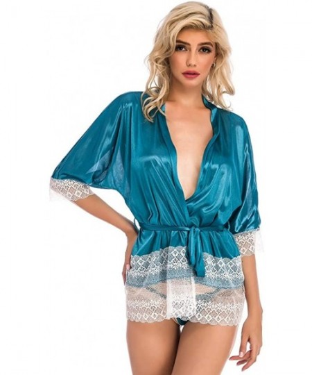 Robes Sexy Pajamas for Women Fashion Sleepwear Lace Patchwork Silk Satin Kimono Robes Loose Bathrobe with Belt - Blue - C9194...