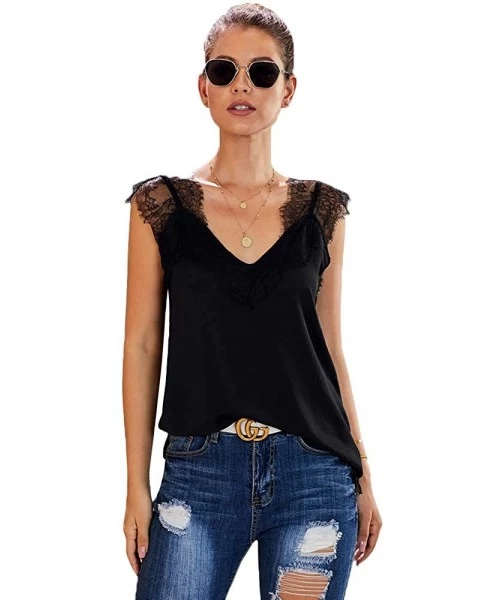 Camisoles & Tanks Women's Sling Relaxed Casual Solid Color Wide lace Halter Camisole Tops - Black - C1198REOXDG