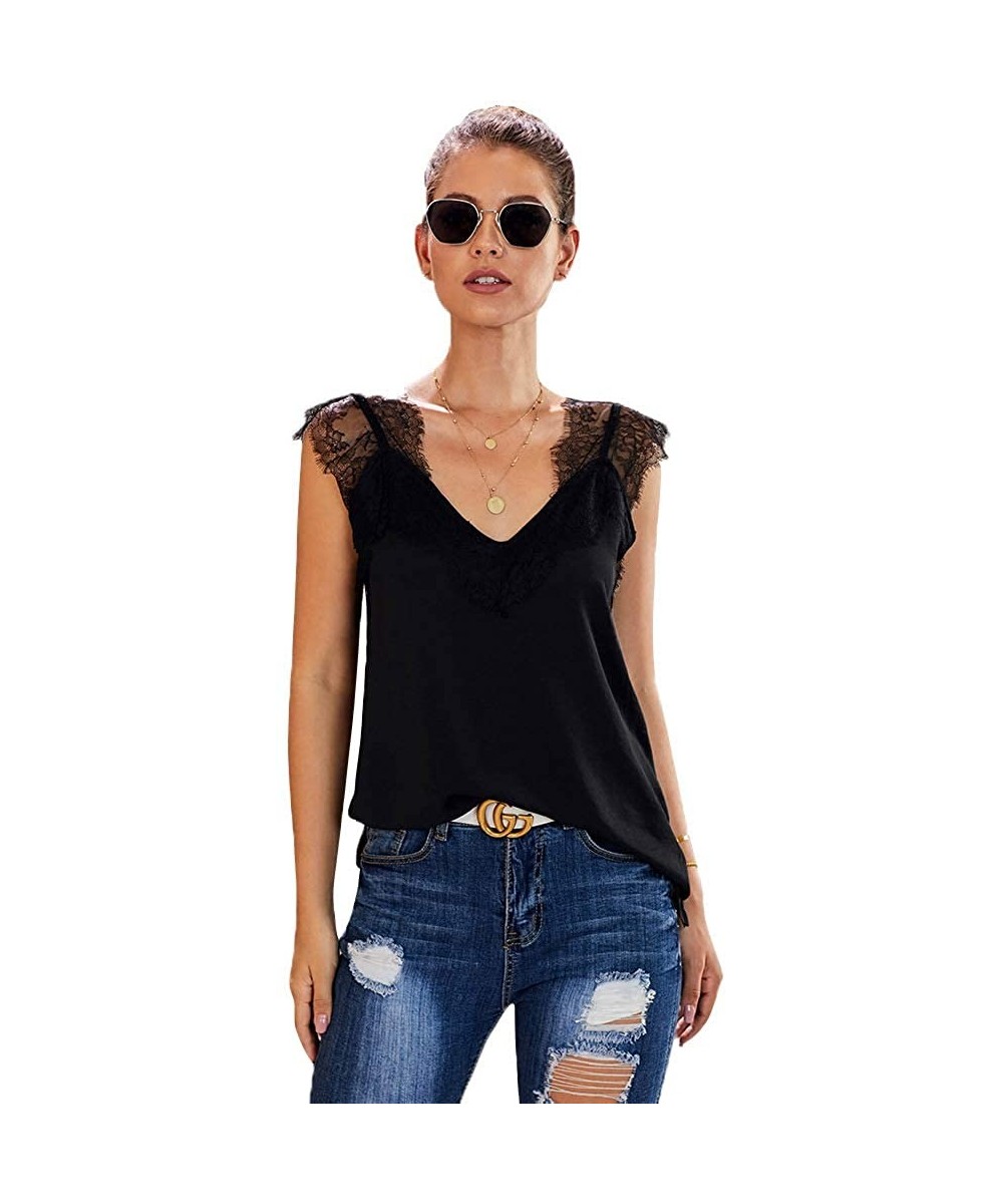 Camisoles & Tanks Women's Sling Relaxed Casual Solid Color Wide lace Halter Camisole Tops - Black - C1198REOXDG