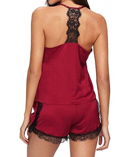 Sets Women Satin Pajamas Set Silk Lace Sleepwear Cami Nightwear Shorts Lingerie 2 Pcs Pajamas - Wine Red - CQ18TD489Y3