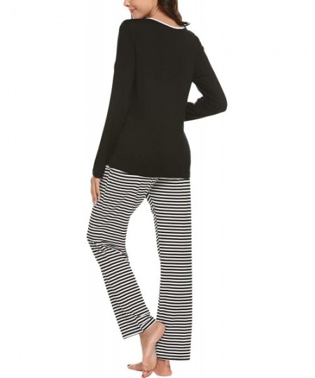 Sets Pajamas Women Long Sleeve Sleepwear Classic Pjs Contrast Printed PJ Set Soft 2 Pcs Sets with Pockets - Classic black - C...