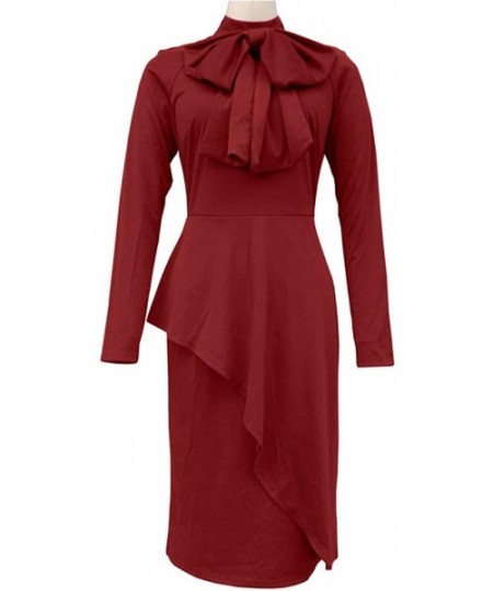 Slips Women's Retro 1950s Style Half Collar Ruffle Cocktail Pencil Dress Long Sleeve High Waist Slim Fit Work Dress - Wine - ...