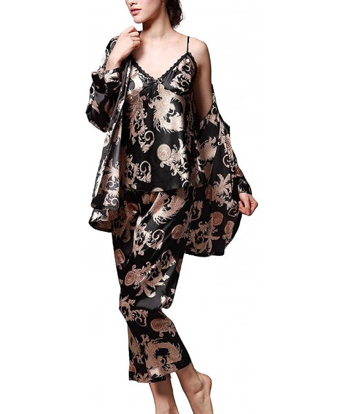 Sets Women/Men Pajama Sets 3pcs Silk Sleepwear Sets Cami Nightwear PJS Set with Matching Eye Mask Gift Black 3 Piece - CS18N8...
