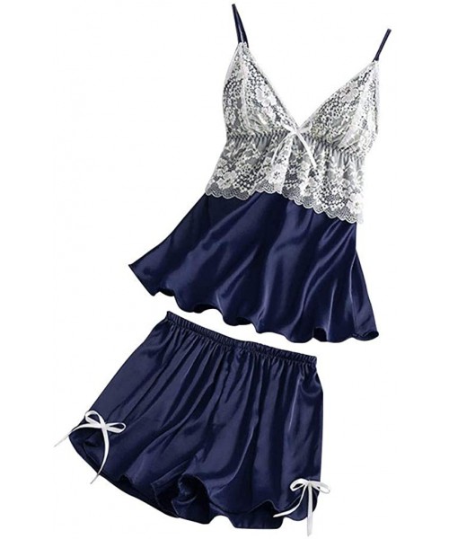 Sets Women Satin Lace V-Neck Camisole Bowknot Shorts Set Sleepwear Pajamas Lingerie - Navy - C9194EOLZ8H