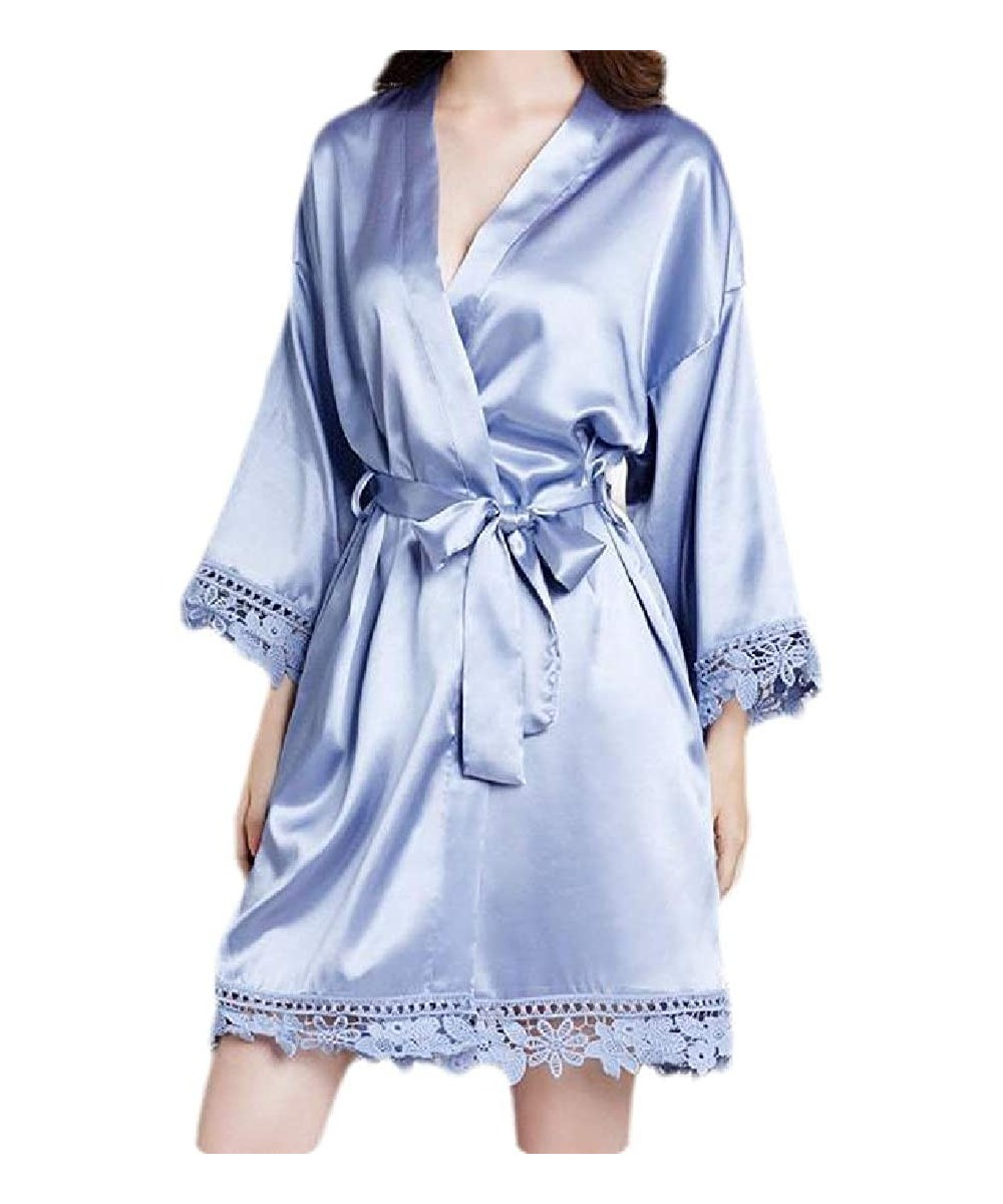 Robes Women's Lace Lounge Summer Thin Bell Sleeve Silk Sleepwear Homewear Plus Size Dress Sleep Robe - Light Blue - C119D5XTSOA
