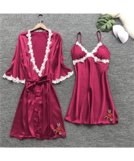 Sets Women's 5PCS Silk Satin Pajama Set Cami Top Nightgown Lace Sleepwear Robe Sets Sexy Nightdress with Chest Pads Lingerie ...