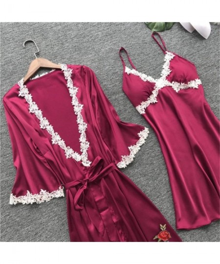 Sets Women's 5PCS Silk Satin Pajama Set Cami Top Nightgown Lace Sleepwear Robe Sets Sexy Nightdress with Chest Pads Lingerie ...