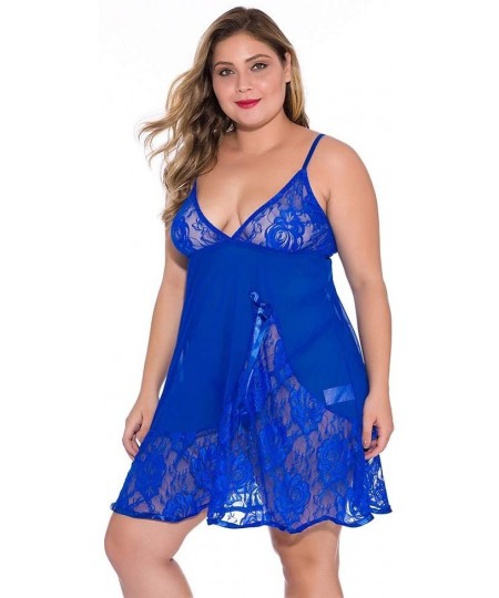 Baby Dolls & Chemises Women's Lace Nightdress Plus Size v-Neck Backless Pajamas Sexy Lingerie Sleepwear Dress Blue - Blue - C...