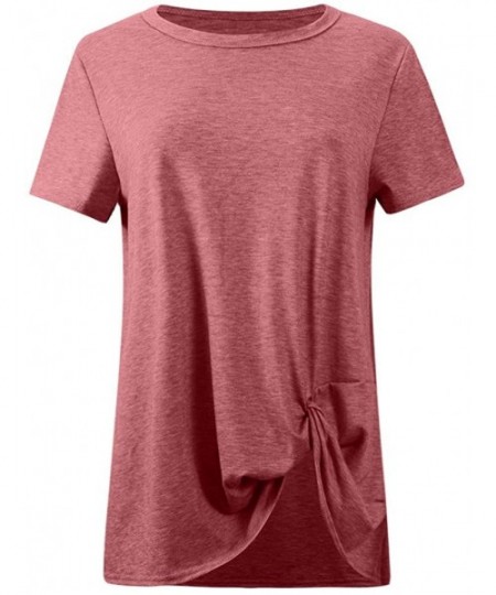 Nightgowns & Sleepshirts Women's Casual Solid Color Short Sleeve O-Neck Shirt Knotted Top T-Shirt - Pink - CR1944RNI5D