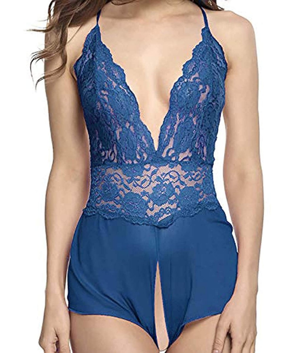 Baby Dolls & Chemises Womens Plus Size Lace Lingerie V Neck Lace Sexy Babydoll Sleepwear Babydoll-Open G String Thong - Blue ...