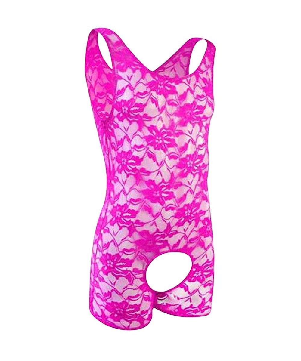 G-Strings & Thongs One-Piece Mens Sexy Lingerie- Lace See-Through Straps V-Neck Sling Stretch Singlet Bodysuit - Hot Pink - C...