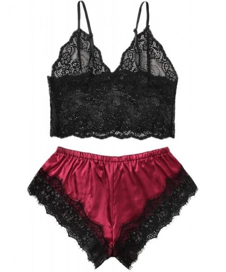 Sets Women's Sleepwear Contrast Lace Frill Trim Spaghetti Strap Pajama Set - Black and Red - CZ18T7NQ5DX