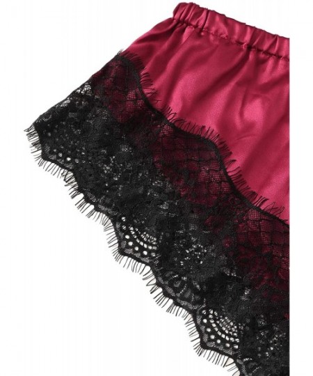Sets Women's Sleepwear Contrast Lace Frill Trim Spaghetti Strap Pajama Set - Black and Red - CZ18T7NQ5DX