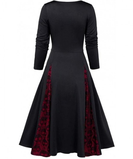 Thermal Underwear Women Plus Size Punk Gothic Skull Lace Insert Mock Button Bowknot Dress - Red - C818Z2LHIGL