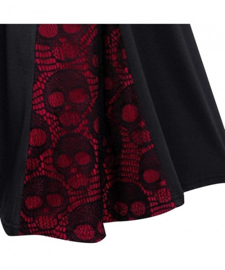 Thermal Underwear Women Plus Size Punk Gothic Skull Lace Insert Mock Button Bowknot Dress - Red - C818Z2LHIGL
