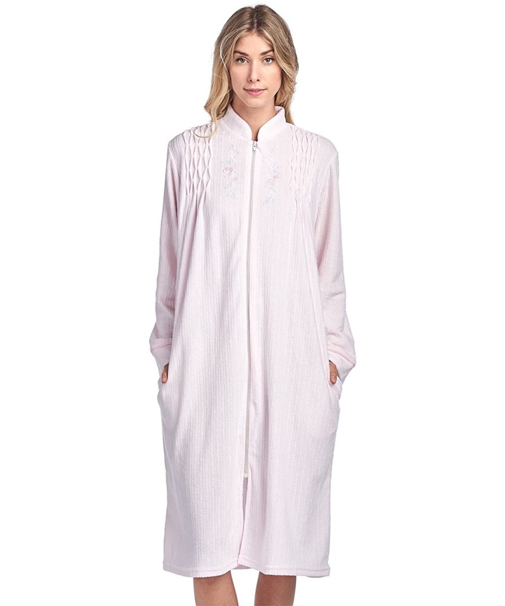 Robes Women's Zipper Front Jacquard Terry Fleece Robe Duster - Pink - C2180D2LEG7