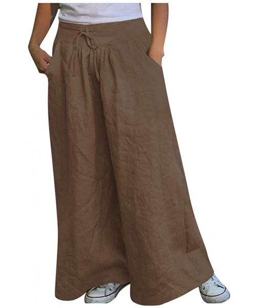 Bottoms Wide Leg Pants Women Cotton Linen Ankle-Length Pants with Pockets Elastic Waist Comfy Loose Lounge Pants - Khaki - C8...