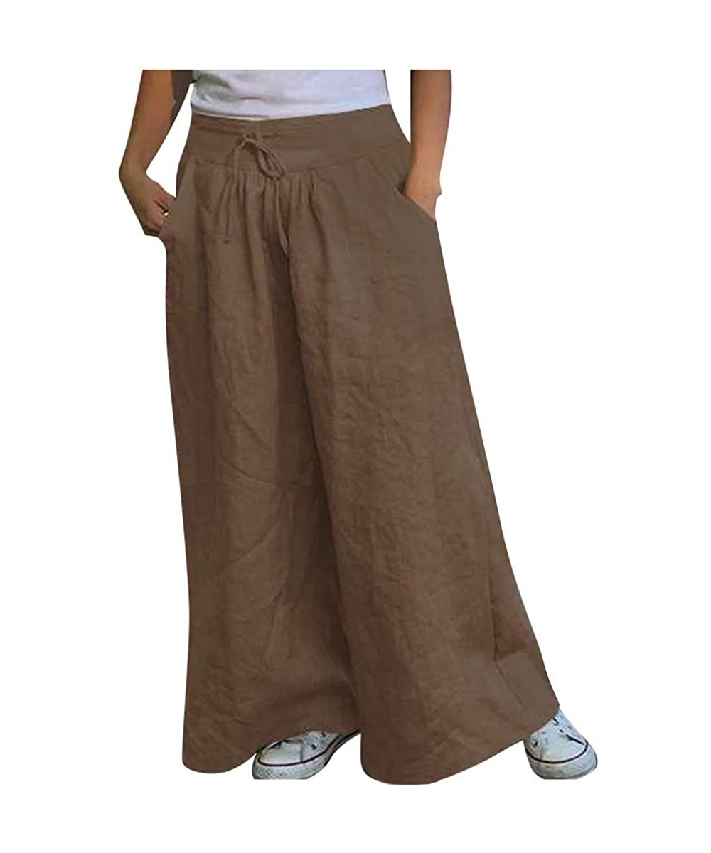 Bottoms Wide Leg Pants Women Cotton Linen Ankle-Length Pants with Pockets Elastic Waist Comfy Loose Lounge Pants - Khaki - C8...