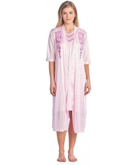 Robes Women's Satin 2 Piece Robe and Nightgown Set - Embroidered Pink - CM17YOCW35L