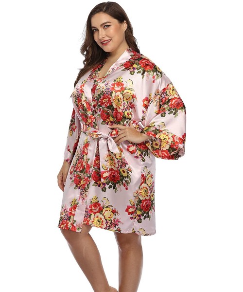 Robes Plus Size Satin Kimono Robes for Women Short Silky Bridesmaid Bathrobe for Wedding Party - Pink-flower - C2198UUM6KN