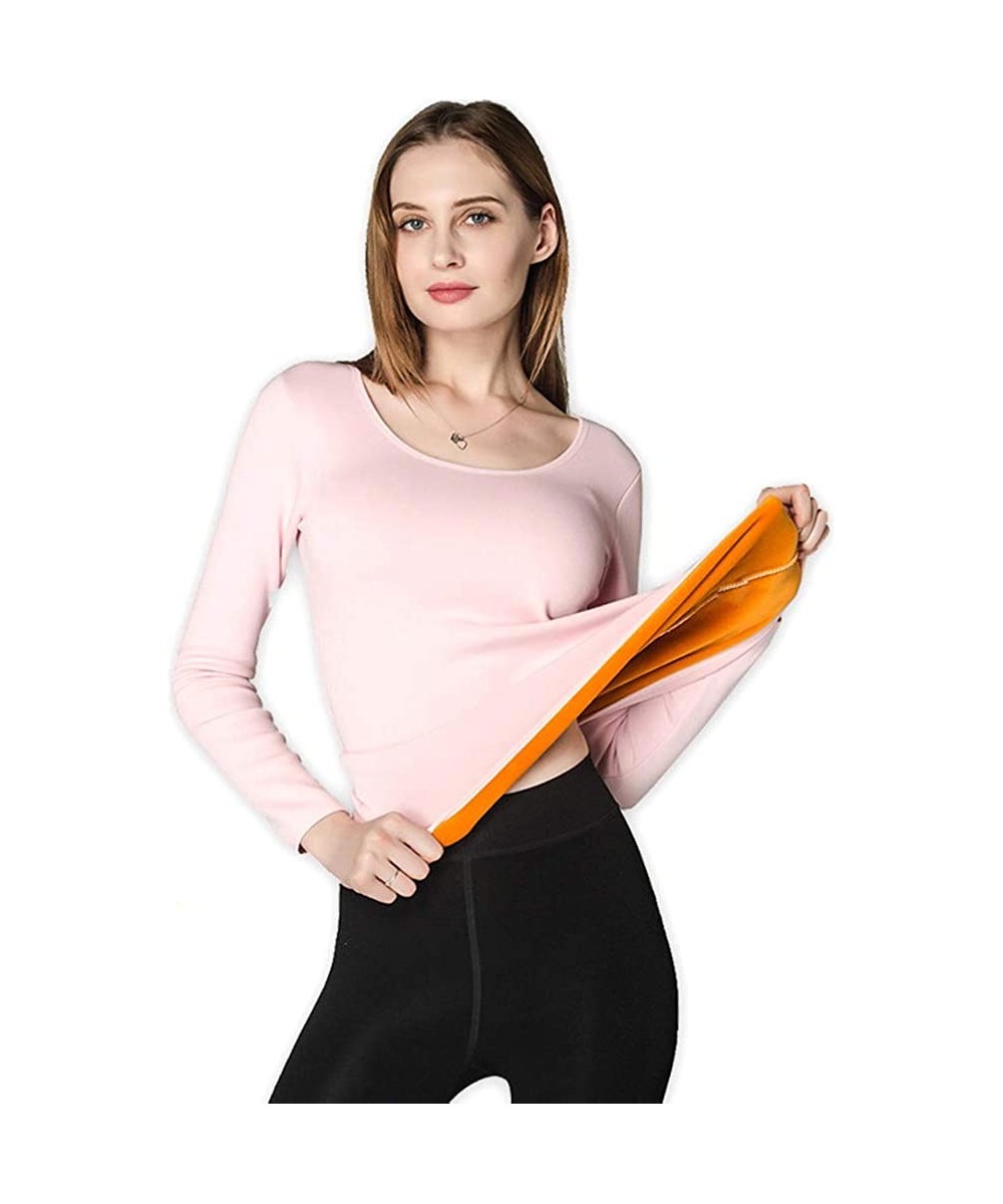 Thermal Underwear Winter Thick Women Long Sleeve Crew Neck Pullover Slim Thermal Underwear Top for Home Pink Red S - C7193E5HSNX