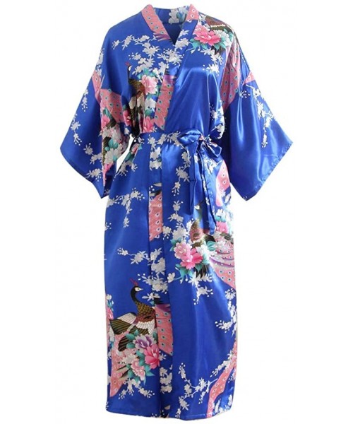 Robes Women Bath Robe Summer Faux Silk Floral Lady Bathrobe Female Nightwear Nightgown Robe - Blue - CD18QEMM3DQ