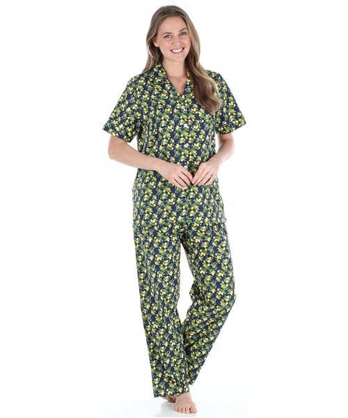 Sets Women's Sleepwear Poplin Cotton Short Sleeve Button Up Top Pajama Set - Pant Set - Lemons - CY18I9O54CX