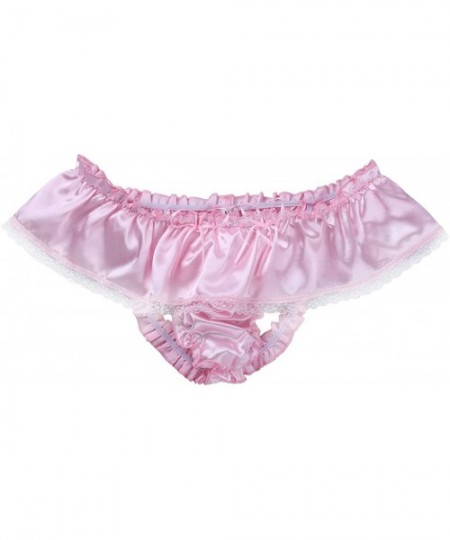 Briefs Men's Satin Ruffled Crossdresser Panties Mini Skirted Sissy Floral Lace Jockstrap Underwear - Pink - CE18EWISMKX