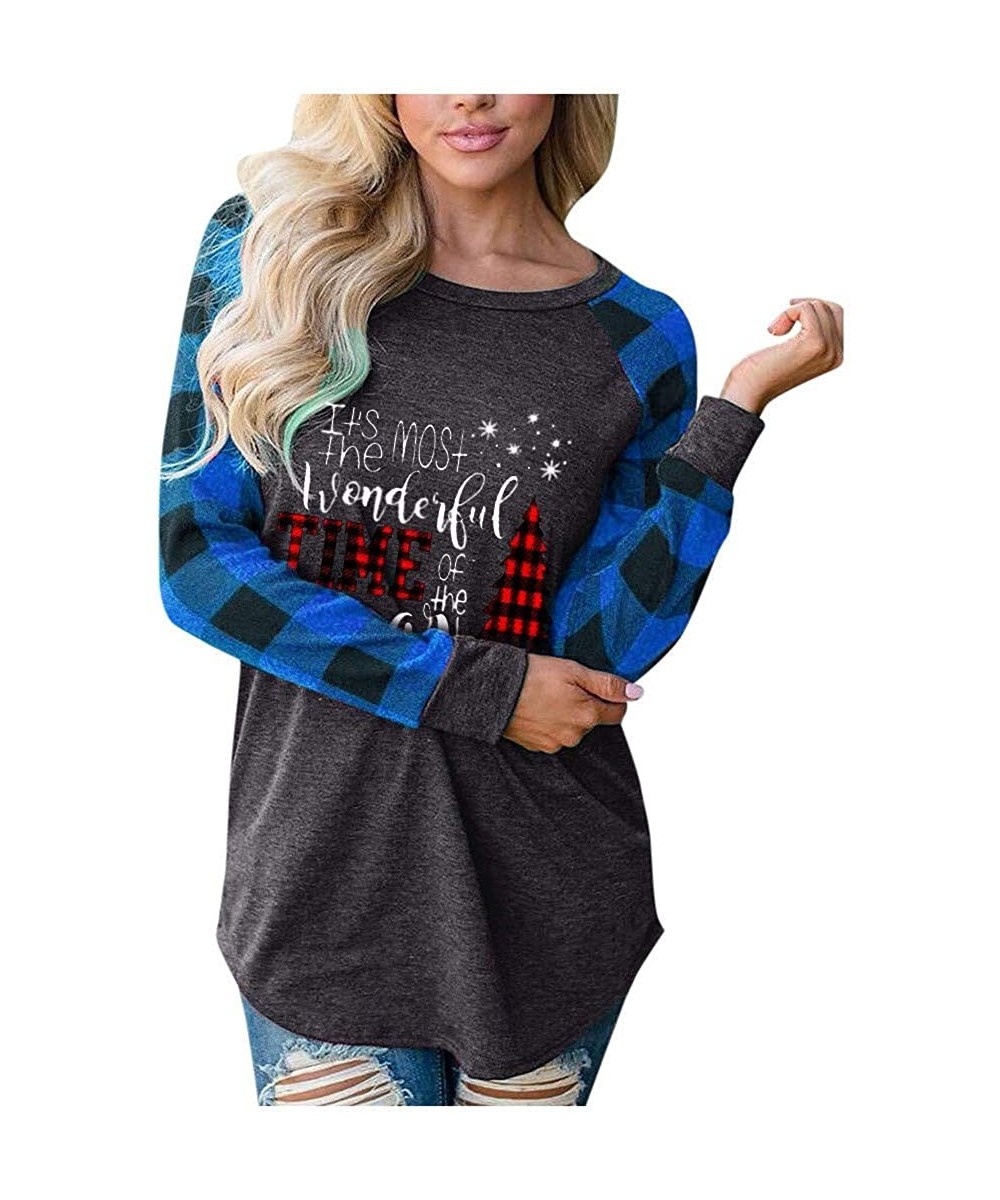 Thermal Underwear Womens Long Sleeve Blouse Merry Christmas Plaid Tree Shirt Loose Casual Pullover Sweatshirt Tunic Tops - Bl...