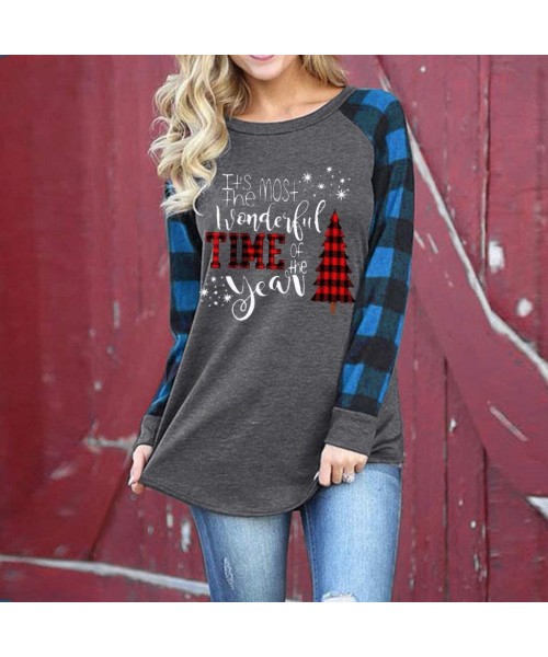 Thermal Underwear Womens Long Sleeve Blouse Merry Christmas Plaid Tree Shirt Loose Casual Pullover Sweatshirt Tunic Tops - Bl...