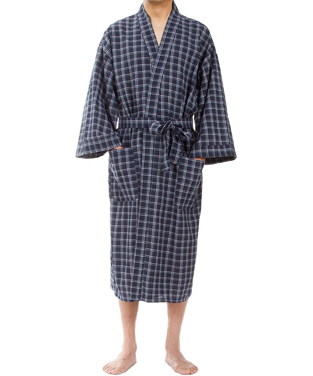 Robes Men's Plaid Robe- Woven Bathrobe - Navy Plaid - CW188KLKYKQ