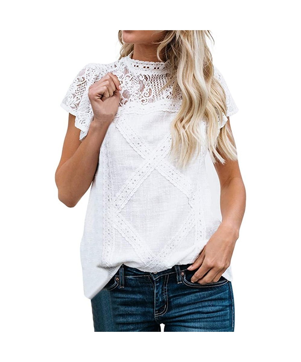 Thermal Underwear Women's Lace Patchwork Flare Ruffle Short-Sleeve T-Shirt Floral Shirt Top - White - CF18RZONZTQ