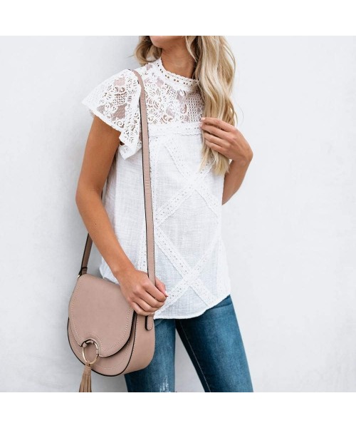 Thermal Underwear Women's Lace Patchwork Flare Ruffle Short-Sleeve T-Shirt Floral Shirt Top - White - CF18RZONZTQ