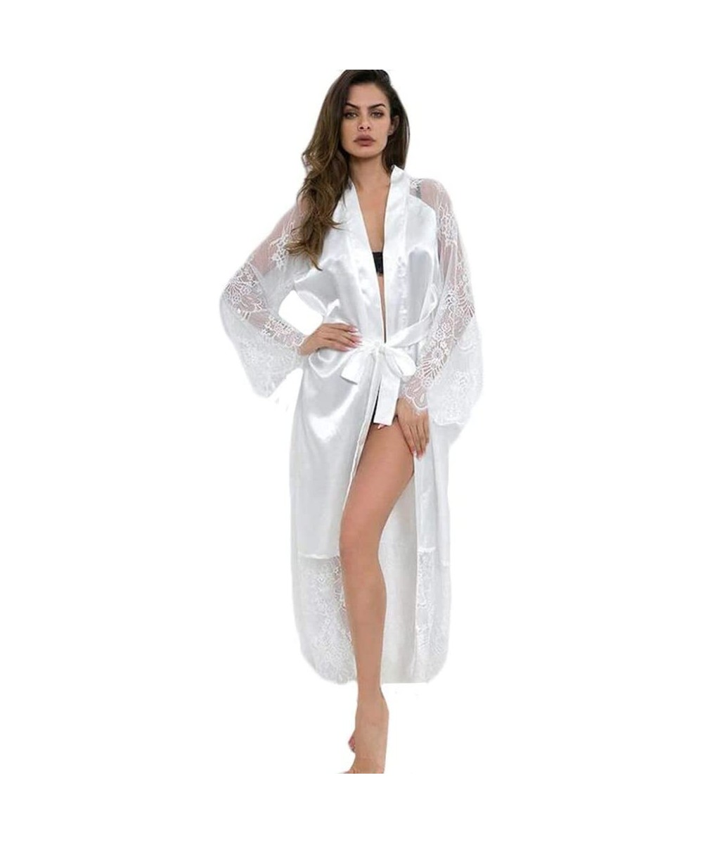 Robes Women's Dressing Gown- Women Sexy Satin Kimono Robe Bathrobe Lingerie Sleepwear Female Belt Simulation Silk Lace Long S...