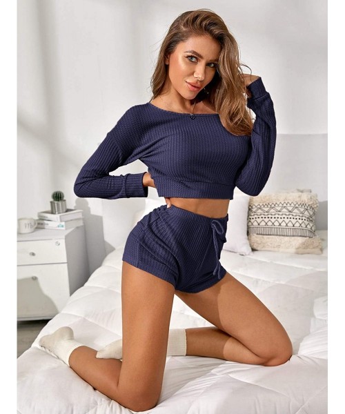 Sets Women's Sleepwear Long Sleeve Crop Top and Shorts Pajamas Set - Navy - CV19C73XYRS