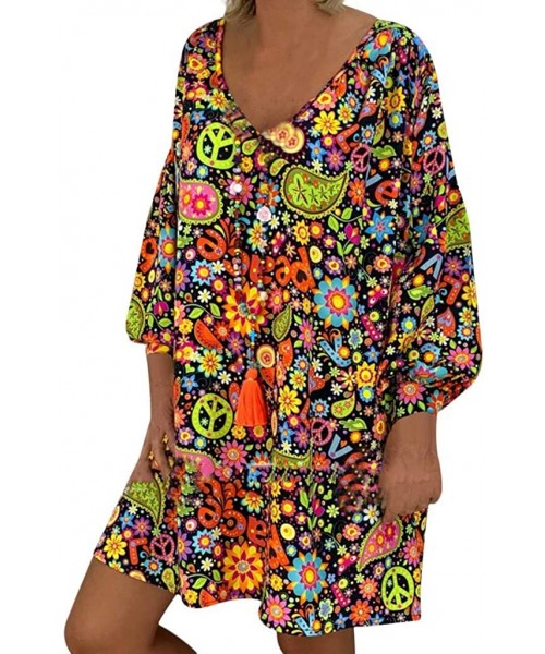Tops Fashion Hippie Dress Womens Knee Length Plus Size Vintage Long Sleeve V Neck Irregular Floral Printed Sundresses Black -...