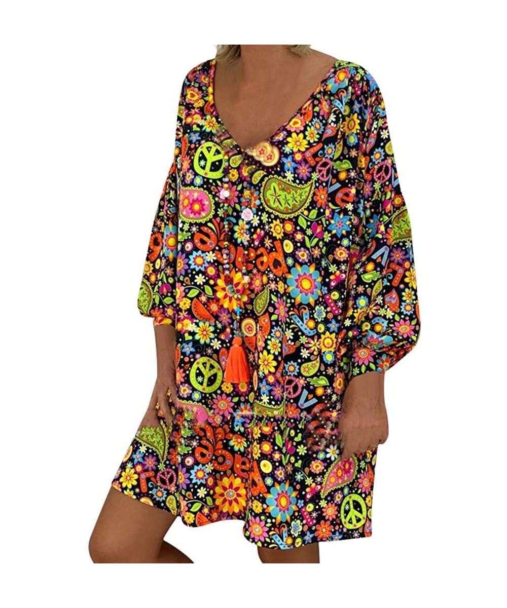 Tops Fashion Hippie Dress Womens Knee Length Plus Size Vintage Long Sleeve V Neck Irregular Floral Printed Sundresses Black -...