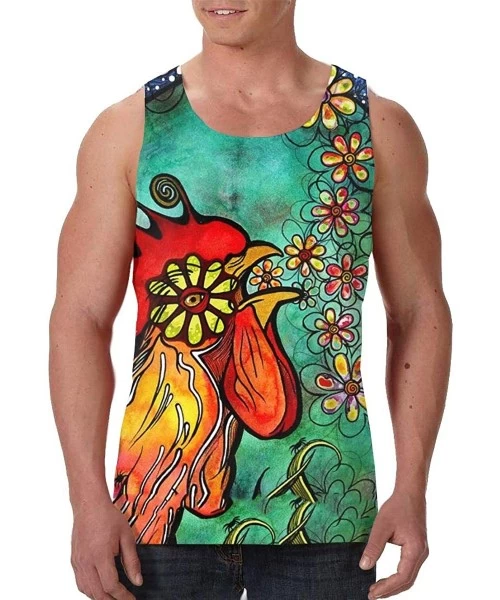 Undershirts Men's Soft Tank Tops Novelty 3D Printed Gym Workout Athletic Undershirt - Rooster Robiniart With Flowers - CQ19D8...