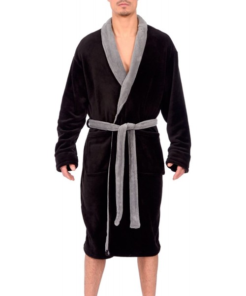 Robes Men's Soft Lightweight Plush Micro Fleece Bathrobe with Front Pockets - Black/Grey Trim - CU189UN6KME