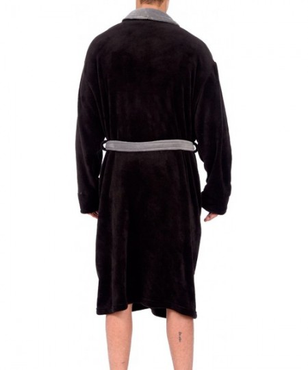 Robes Men's Soft Lightweight Plush Micro Fleece Bathrobe with Front Pockets - Black/Grey Trim - CU189UN6KME