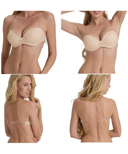 Bras Strapless Bra with Clear Back Invisible Strap Push Up Padded Underwire Backless Halter Bralette - Beige - C818NI66A0W