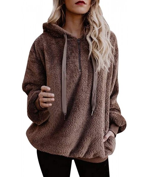 Tops Women Hooded Sweatshirt Patchwork Winter Warm Wool Zipper Cotton Outwear Tops - Coffee - CI18ZMR04NU